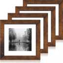 iRahmen 8x8 Picture Frame Set of 4 with HD Glass, Display 6x6 Pictures with Mat or 8 x 8 Without Mat, Rustic Wood Photo Frame for Wall Mount and Tabletop Display (Dark Brown)