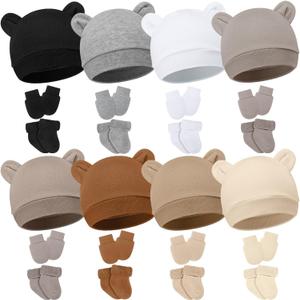 Geyoga 8 Pack Preemie Hats Mittens and Socks Set Cotton No Scratch Mittens Warm Caps Terry Socks for Preemie Baby Nicu Gifts (Black, Gray, White, Linen, Milk Tea, Caramel, Khaki, Apricot)