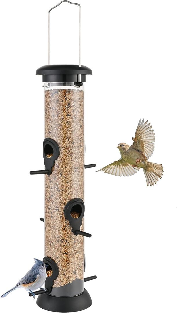 Bird Feeder Premium Hard Plastic for Wild Bird Feeders for Outdoors,Tube Bird Feeders for Outdoors Hanging,14 Inch 6 Port Black,Pack of 1