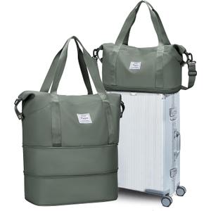 Travel Duffel Bag, Sports Tote Gym Bag, Shoulder Weekender Overnight Bag for Women (B9-Green (2-layer expansion))
