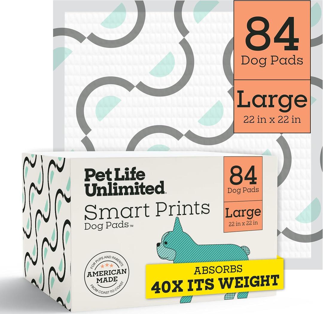 Pet Life Unlimited Smart Prints Large Puppy Pads for Dogs, Potty Training Pee Pads, 84 Count, 22" x 22", Leak-Proof, Super Absorbent, Quick-Dry, Patterned Pads with Odor Control, Made in USA