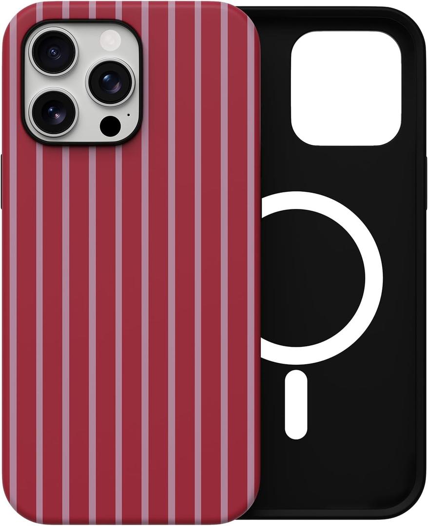 Skyseaco for iPhone 14 Pro Max Case with Magsafe Cute Striped Phone Case, Shockproof Slim Soft TPU and Hard PC Double Layer Protective Cover for Women, Hot Pink