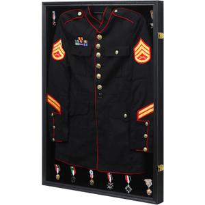 KCRasan Military Uniform Display Case - Police Uniform Display Frame - Uniform Shadow Box Wall Cabinet with Uv Protection Acrylic Door for Collection Military Uniform Black