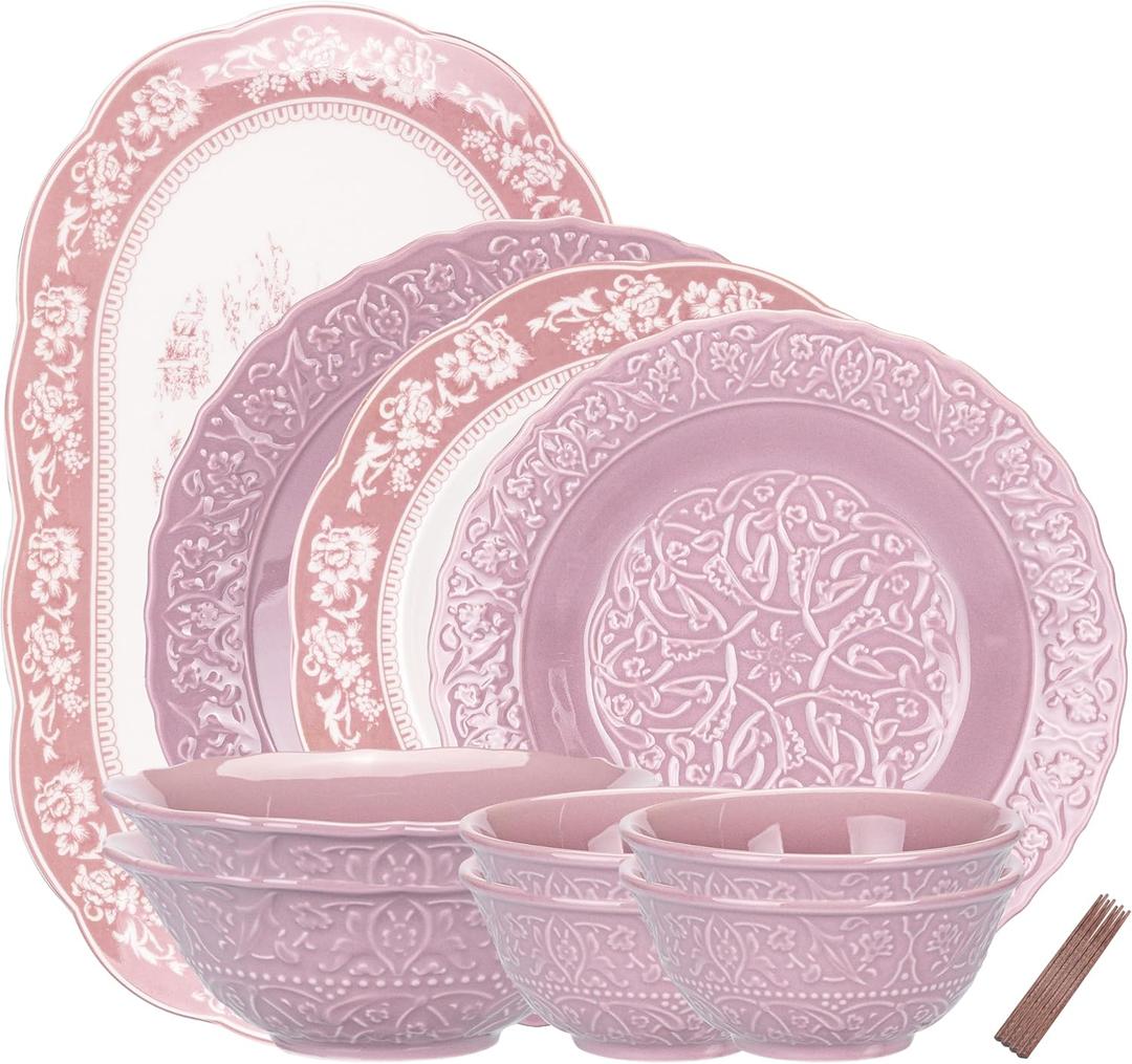 MDZF SWEET HOME 14 Pieces Dinnerware Set, Vintage Mary Purple Plates and Bowls Set, Classic Ceramic Tableware Set Suitable for Weddings, Afternoon Tea