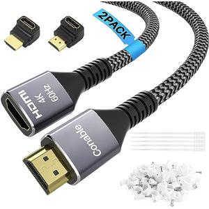 4K HDMI Extension Cable (2 Pack 4FT+ 4FT), HDMI 2.0 Braided Extender Male to Female Cord, Pure Copper 3D 4K@60Hz 2160p 1080p HDR HDCP 2.2 ARC (with Ties, U Nails, 2 HDMI Adapters)-4 Feet-2 Pack
