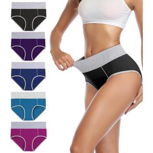 wirarpa Women's Cotton Underwear High Waist Stretch Briefs Soft Underpants Ladies Full Coverage Panties 5 Pack (Medium, Black,blue,teal,purple,purplish Red)