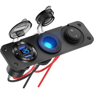 12V USB Outlet Boat Accessories Marine Switch Panel Plug, PD3.0 and Dual QC3.0 USB Ports Aluminum Car Charger with Voltmeter, Lighted 150W Cigarette Lighter Socket and Toggle Switch 3 in 1 DIY Kit