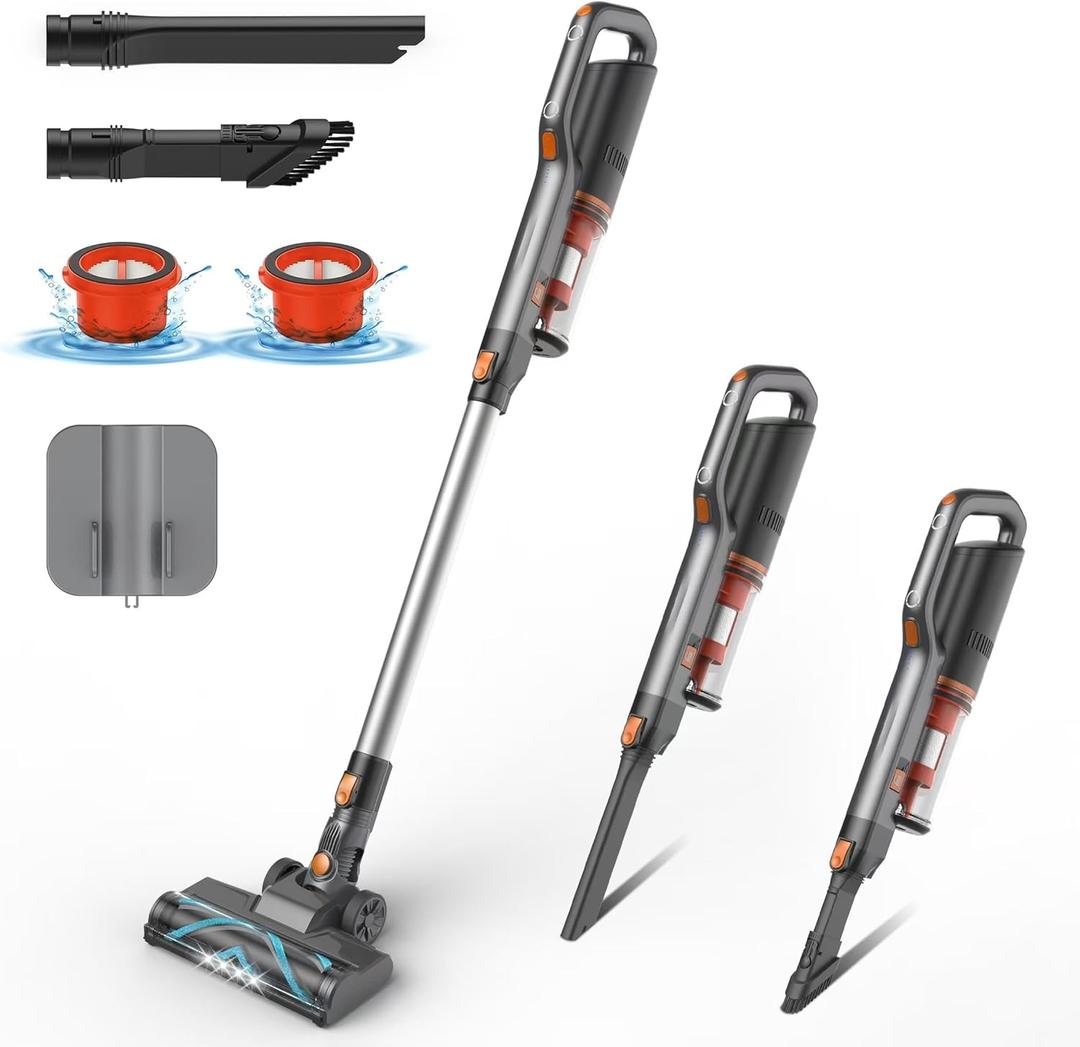 280W Cordless Vacuum Cleaner for Home, Powerful Stick Vacuum with 45min Runtime, Anti-Tangle 1.2L Dust Cup, Rechargeable Wireless Vacuum for Hardwood Floor Carpet Pet Hair (Orange)