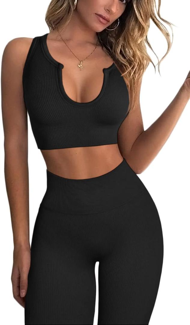 QINSEN Workout Outfits for Women 2 Piece Ribbed Seamless Crop Tank High Waist Yoga Leggings Sets (Large, 03 Black)