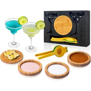 3-Tier Bamboo Margraita Salt Rimmer Set with 2 Glass&Lemon Squeezer,Margraita Kit Gift Set,Salt&Sugar Rimmer for Drinks,Glass Rimmer Tools with Magnetic Swivel Lid for Bartenders,Parties (4)