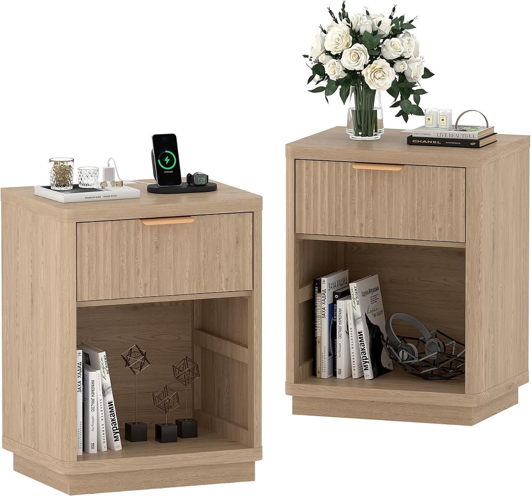 GarveeLife Fluted Nightstand with Charging Station, Mid Century Modern Fluted Nightstand, Wooden Night Stand, Modern End Table with Curved Corners, 2Pieces/1 Drawer