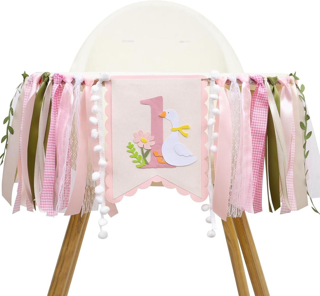 One Funny Goose High Chair Banner for Girls - Goose 1st Birthday Decorations for Girls, Pink GooseFirst Birthday Garland, Pink One Highchair Banner, Cake Smash Props