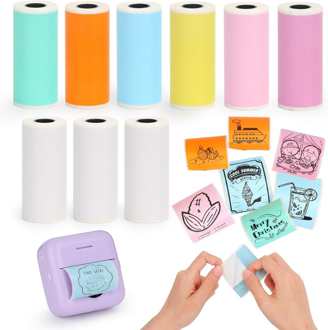 9 Rolls Mini Printer Sticker Paper, Thermal Sticker Paper Compatiable with T02/M02 and Mini Printer, Smooth White and Color Self-Adhesive Paper 25X57mm (DxH) (9)
