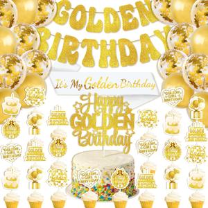 Golden Birthday Party Decorations, Includes It's My Golden Birthday Sash, Banner, Balloons, Cake Topper, Cupcake Toppers for Teens, Women and Men Theme Birthday Party Supplies Gifts Ideas