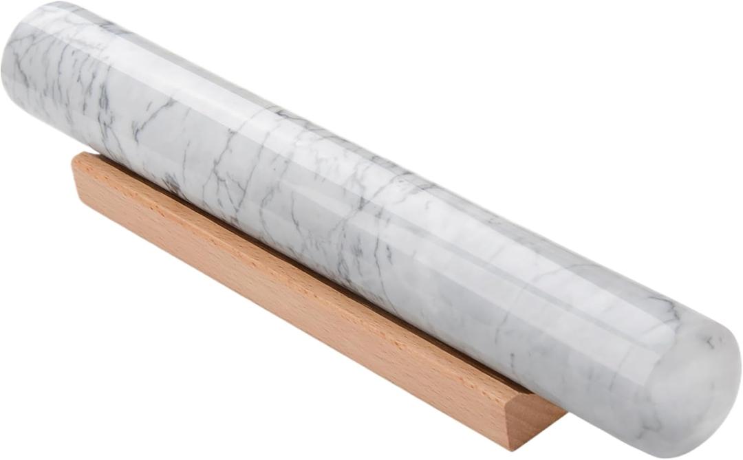 Marble Rolling Pin with Wooden Bracket, Marble Rolling Pin, Non-Stick Dough Rolling Pin for Bread, Pizza Dough, Crust, Pastry, Cookies (White, 11.8 inch)