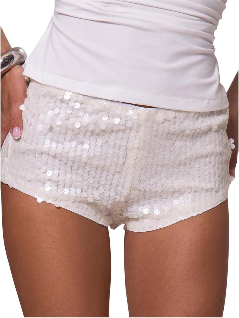 Floerns Women's Sequin Low Rise Mini Shorts Sparkly Beaded Night Out Glitter Micro Shorts (Large, White)