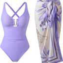 One Piece Swimsuit Women with Cover Up Set Retro Bathing Suit for Women Tummy Control Beach Wrap Skirt (Large, Lightpurple)