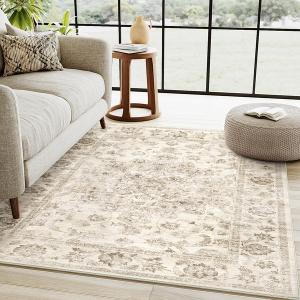 Juliet Vintage Floral Beige Short Pile Traditional Washable Rug