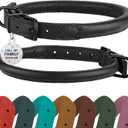 Rolled Leather Dog Collar Soft Round Design Prevents Tangling & Matting with ID Tag for Small, Medium & Large Dogs (14-17 inch, Black Midnight & Black Buckle)