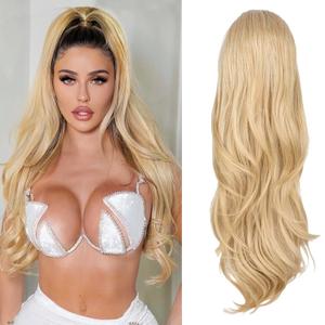 Blonde Ponytail Extension, 26 Inch Drawstring Ponytail Extension for Women Long Blonde Wavy Layered Pony Tails Hair Extensions Synthetic Clip in Ponytail Hairpiece for Women(27/613)