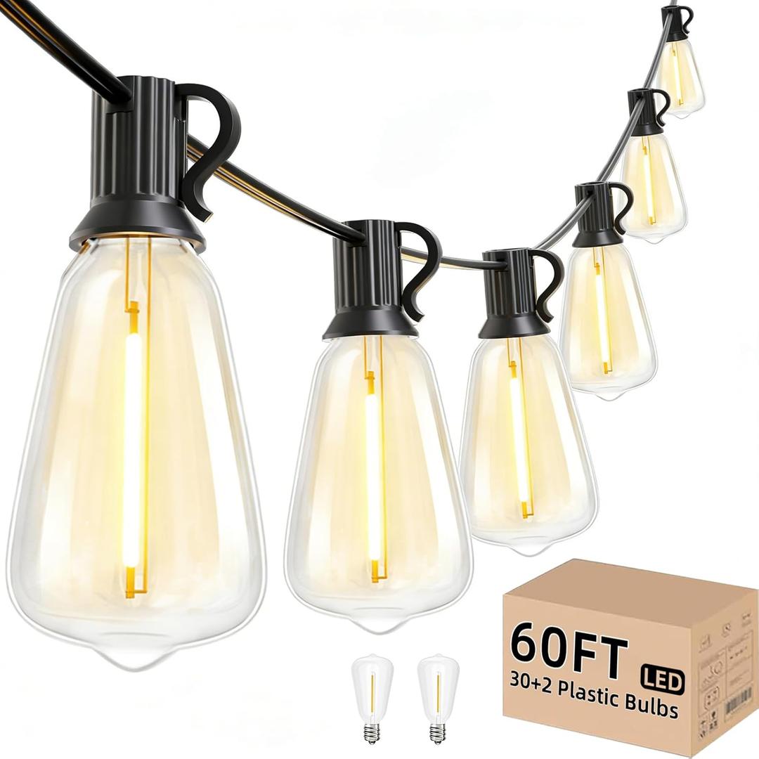 Svater Outdoor String Lights 60 FT ST38 Patio String Lights with 32 Waterproof Shatterproof LED Bulbs Connectable Lights for Outside Backyard Garden Porch