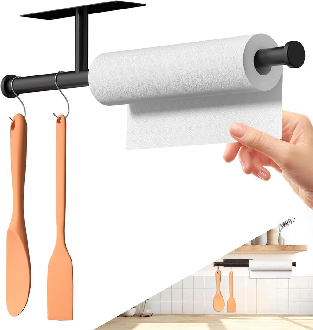 Dual-Purpose Paper Towel Holder Under Cabinet, Upgrade with 4.7in Extended and 5pcs S-Hooks, Adhesive or Screw Wall Mount, Stainless Steel Under Counter Paper Roll Holder for Kitchen Garage (Black)