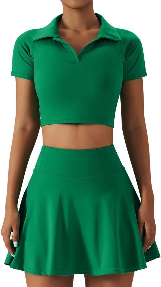 2 Piece Tennis Dress for Women High Waist Pleated Tennis Skirt with Shorts Short Sleeve Crop Golf Workout Skirts Sets (Green, XL)