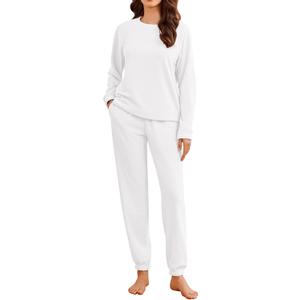 Ekouaer Womens Fleece Pajamas Sets Long Sleeve Lounge Set Jogger Sets 2 Piece Flannel Pjs Winter Sleepwear Loungewear (Large, White)