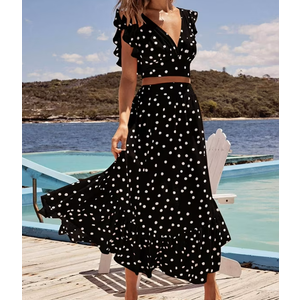 WOMEN'S POLKA DOT V-NECK CROP TOP WITH MAXI SKIRT SET, Black, Small