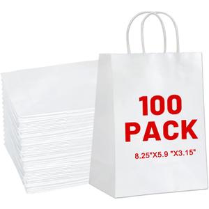 Gift Bags 8.25"x5.9 "x3.15" 100Pcs White Kraft Paper Bag with Handles for Small Business Christmas Bulk, Wedding, Party Favor, Shopping, Lunch, Halloween Trick-or-Treat Bags
