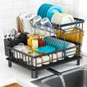 Dish Drying Rack, 2 Tier Dish Racks for Kitchen Counter, Compact Drying Rack Kitchen, Rust-Resistant Dish Drainer, Detachable Space-Saving Dish Rack with Drainboard, Utensil Holder, Black
