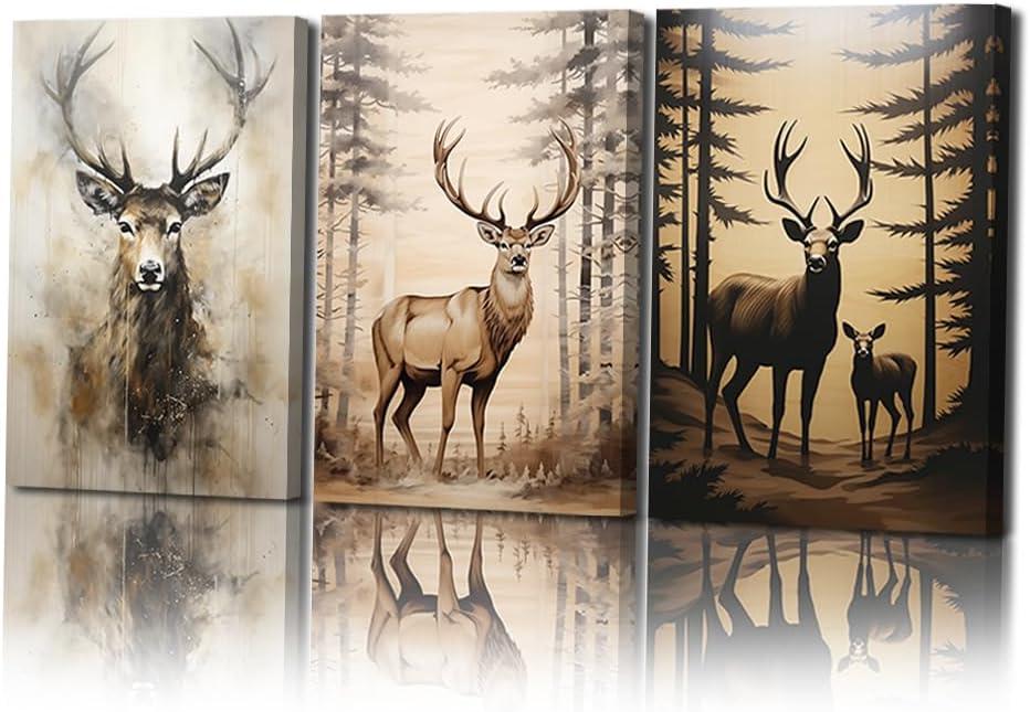 3 Piece Deer Canvas Wall Art Forest Elk Picture Wall Art Animal Wildlife Woodland Painting Prints Living Room Decor Framed(Animal-2,16x24inchx3 Pieces (40x60cmx3 Pieces))
