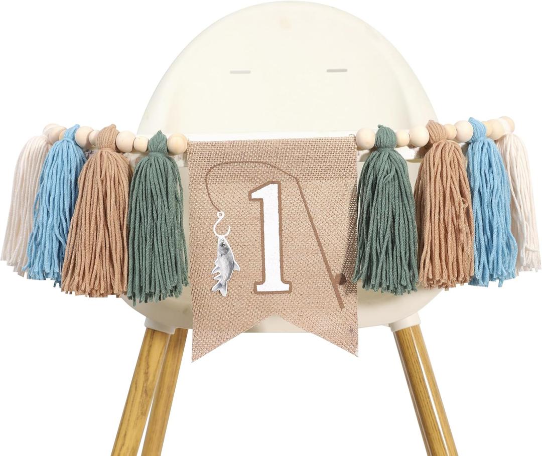 Fishing One Birthday High Chair Banner - Fishing Themed First Birthday Banner, 8 Inches x 12 Inches