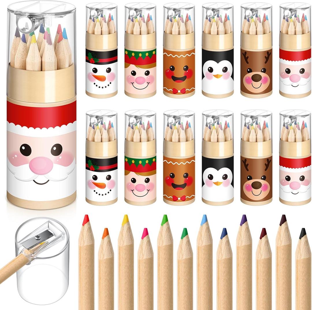 Humyoun 24 Set Operation Christmas Gift Mini Drawing Colored Pencils Bulk with Sharpener 3.5" Small 12 Colors Travel Colored Portable Pencil for Xmas Adults Art Painting