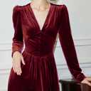 xxxiticat Women's Puff Sleeve Velvet Dress Long Lantern Sleeve V Neck Button Ruffle Pleated Single Breast Maxi Party Dress(WR,M) Wine Red