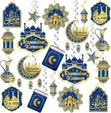 Ramadan Decorations for Home, 14PCS Blue and Gold Ramadan Eid Mubarak Banner, Hanging Swirls and Honeycomb Centerpieces for Muslim Islamic Kareem Festival Al-Fitr Iftar Party Favors Supplies