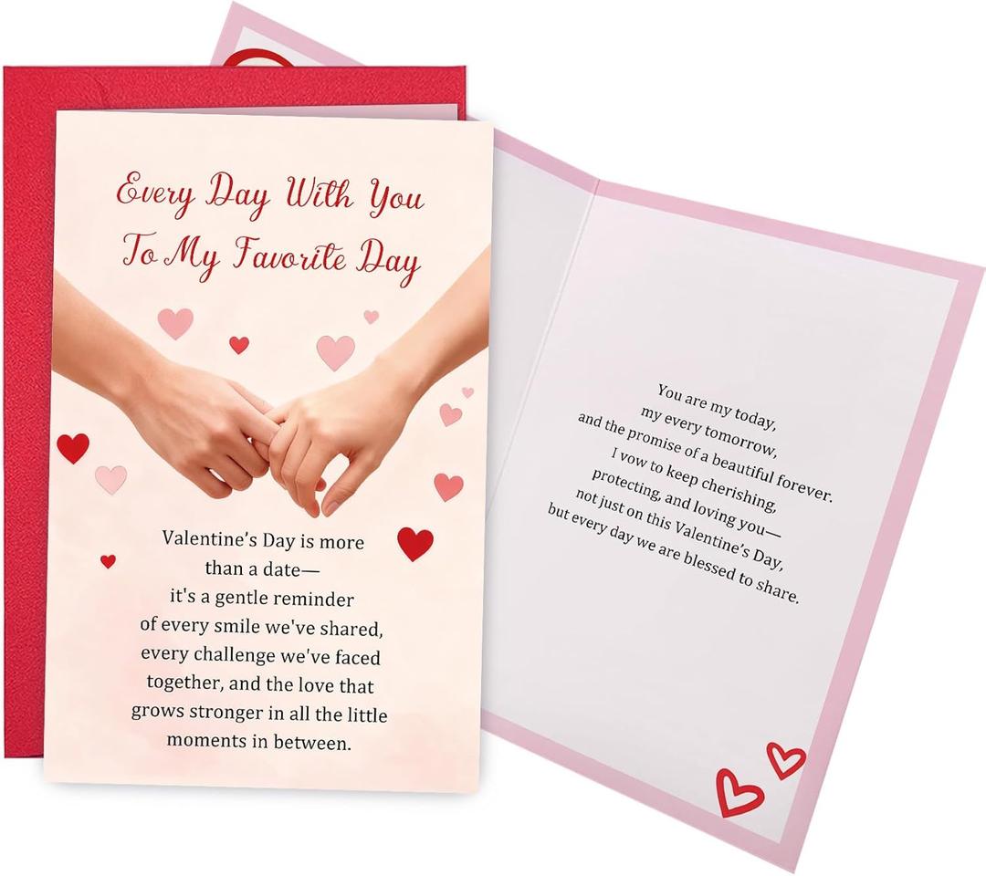 4 x Ogeby Romantic Hand Holding Valentine's Day Card for Him Her, Valentines Love Letter Card for Husband Wife Partner, Every Day With You To My Favorite Day