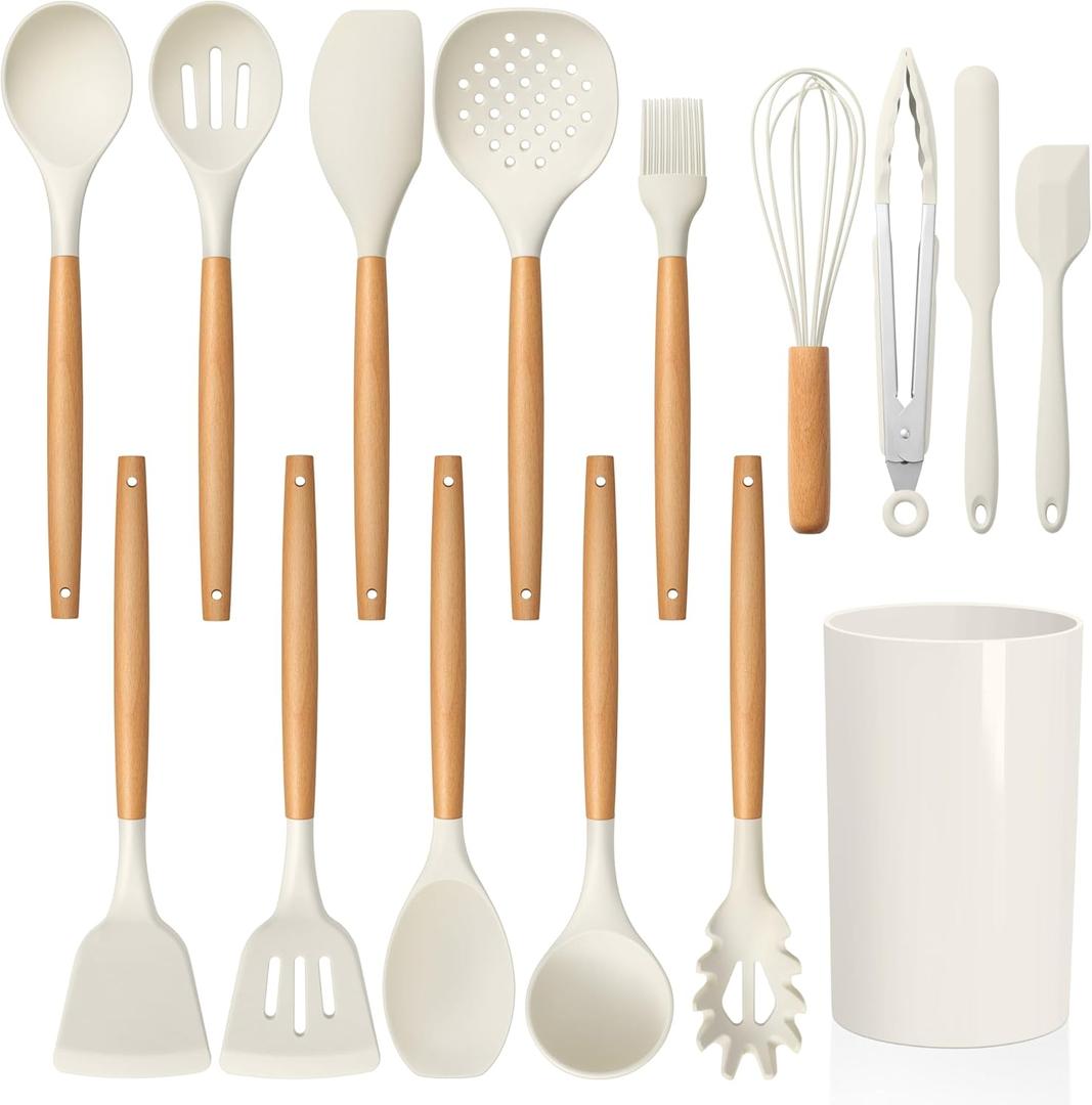 LIANYU 15 PCS Silicone Kitchen Utensils Set with Holder, Cooking Utensils set for Nonstick Cookware, Heat Resistant & Non Toxic Spatula Ladle Tong, White, Small