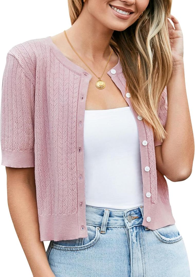 Newshows Womens Cropped Cardigan Sweaters 2025 Summer Lightweight Short Sleeve Bolero Shrug Hollow Out Button Down Tops (Purple, XL)