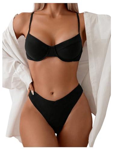 SweatyRocks Women's 2 Piece Bikini Set Spaghetti Strap High Cut Push Up Underwire Swimsuit (Black, Large)