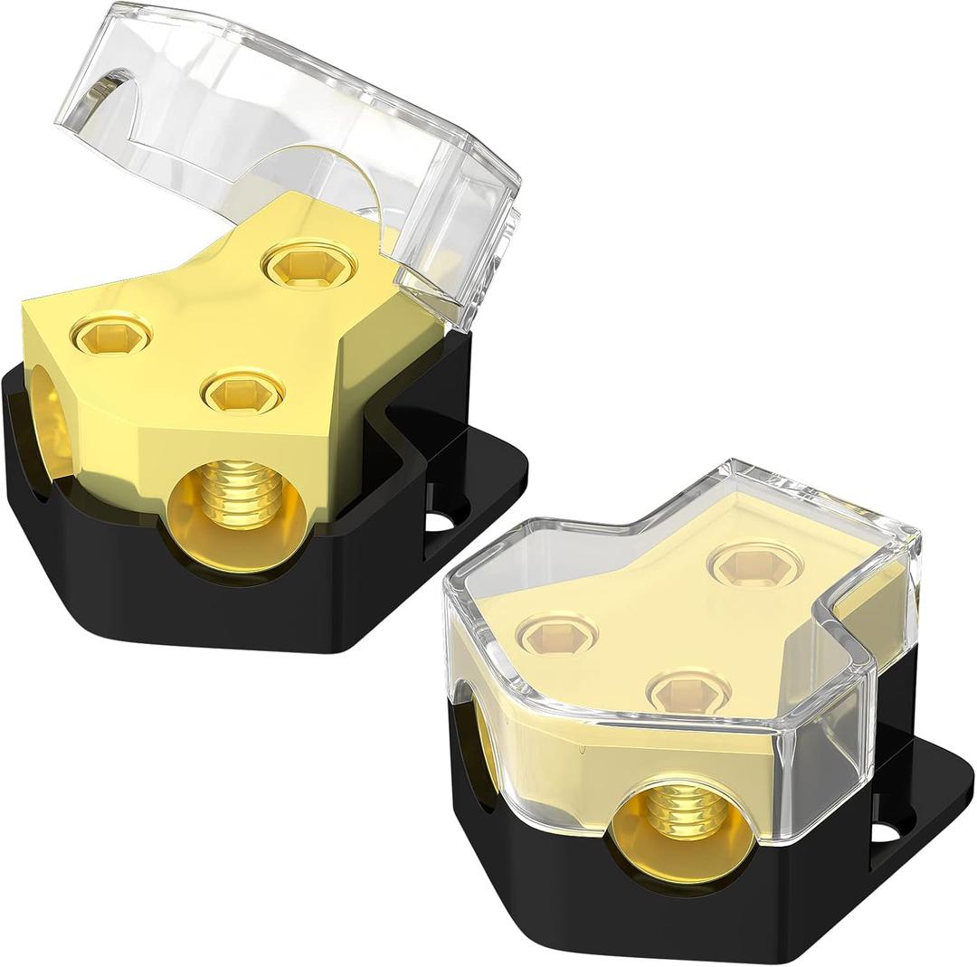 RVBOATPAT 12V Power Distribution Block Car Audio Amp Splitter 2 Way 0/2/4 Gauge in 4/6/8 Gauge Out Ground Distribution Block for Automotive Car Boat