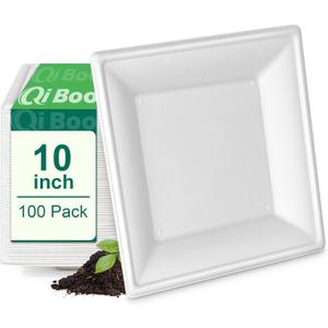 Square Paper Plates 10 Inch [100-Pack] Compostable Eco Friendly Disposable Plates Heavy Duty, Biodegradable Recycled Bagasse Plates, Large Paper Dinner Plates, Sturdy White 10" Plate