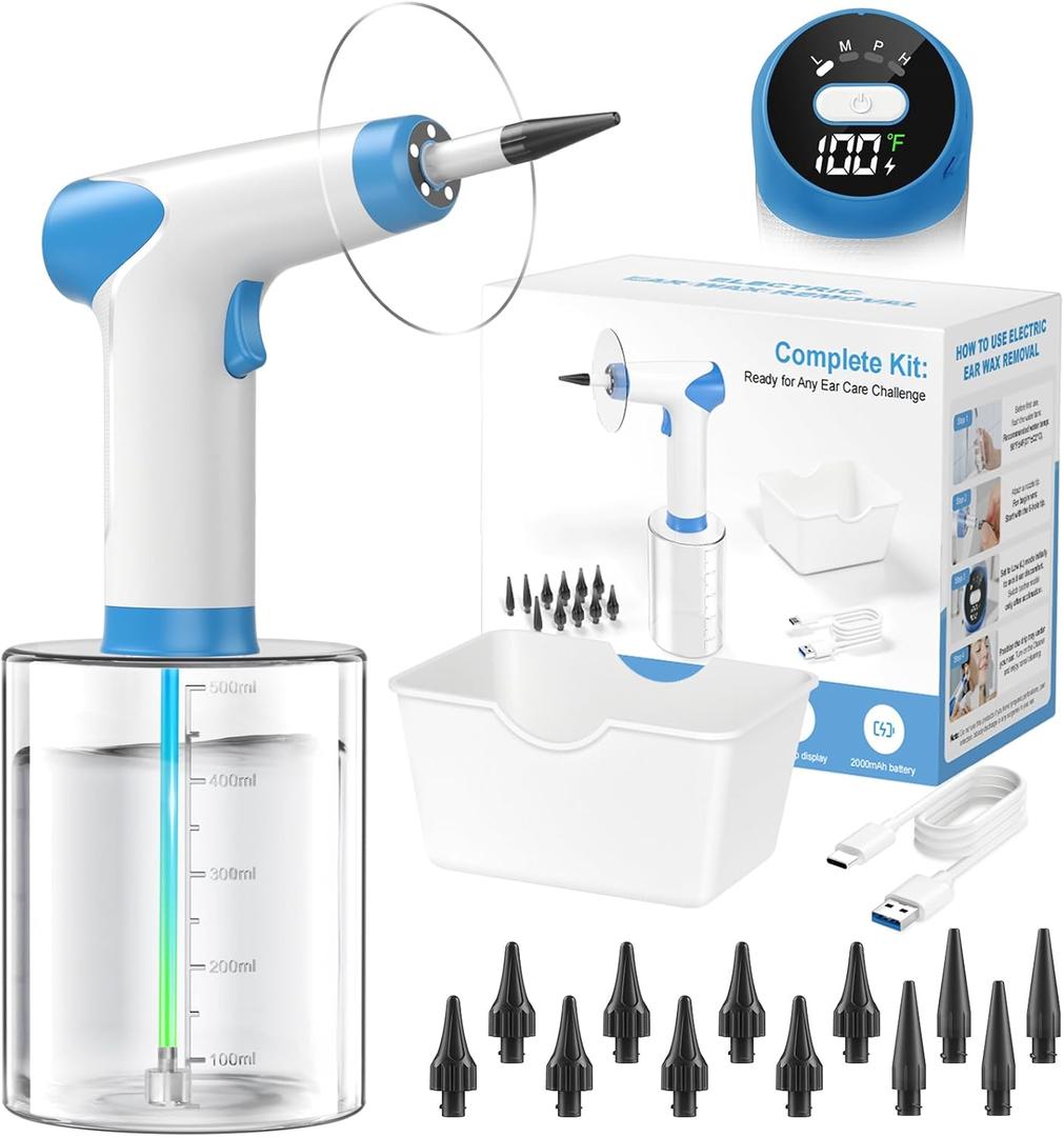Featjoy Ear Wax Removal Kit, 2026 Electric Ear Cleaner with 12 Cleaning Modes & Real-Time Water Temp, Effective Ear Flushing Irrigation System for Multiple Earwax of Adults Kids, with 12 Tips, Basin (White)