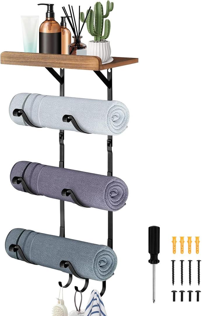 Towel Racks for Bathroom, 4Tier Wall Mounted Towel Holder with 3 Hooks, Metal Rolled Towel Shelf Organizer for Bathroom Black