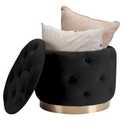 JUUON Velvet Round Storage Ottoman with Gold Metal Base, Button Tufted Modern Upholstered Footrest Stool & Coffee Table Seat for Living Room or Bedroom (Black)