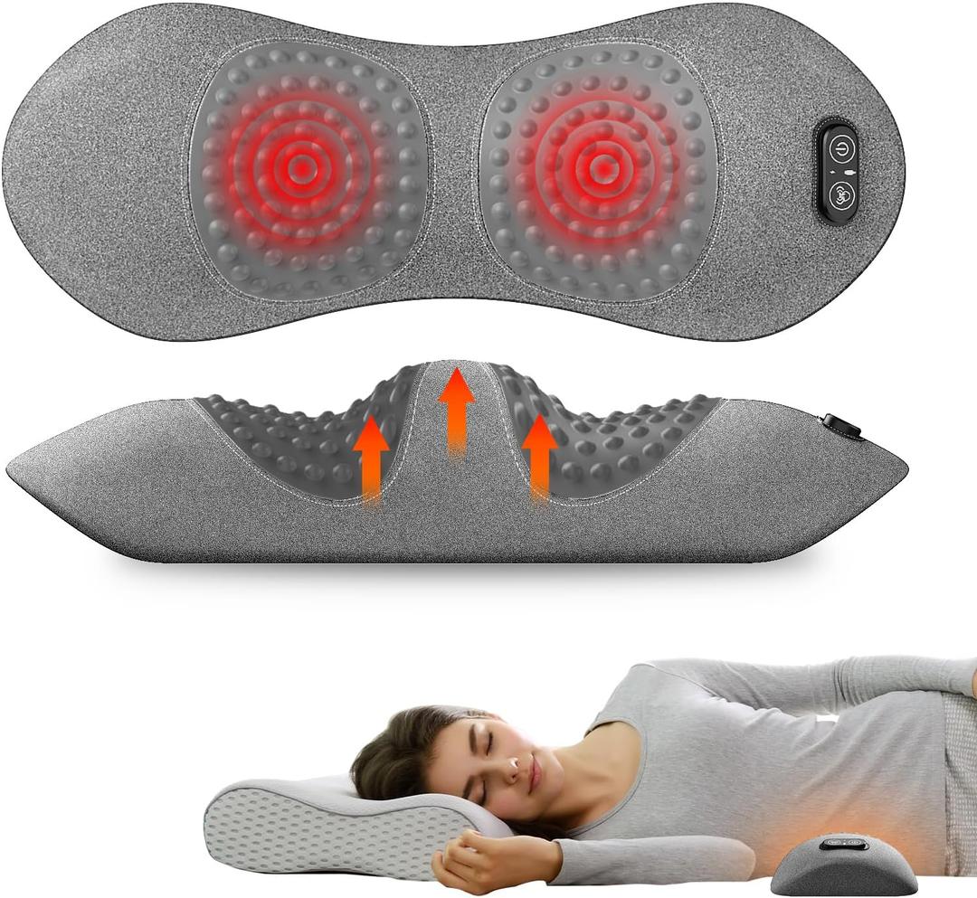 3-in-1 Electric Back Massager with Heat, Vibration and Traction, Triple Fusion Back Massager Bed and Chair Use, Lumbar Support Pillow for Lower Back Comfort and Spine Support (Gray & Red)