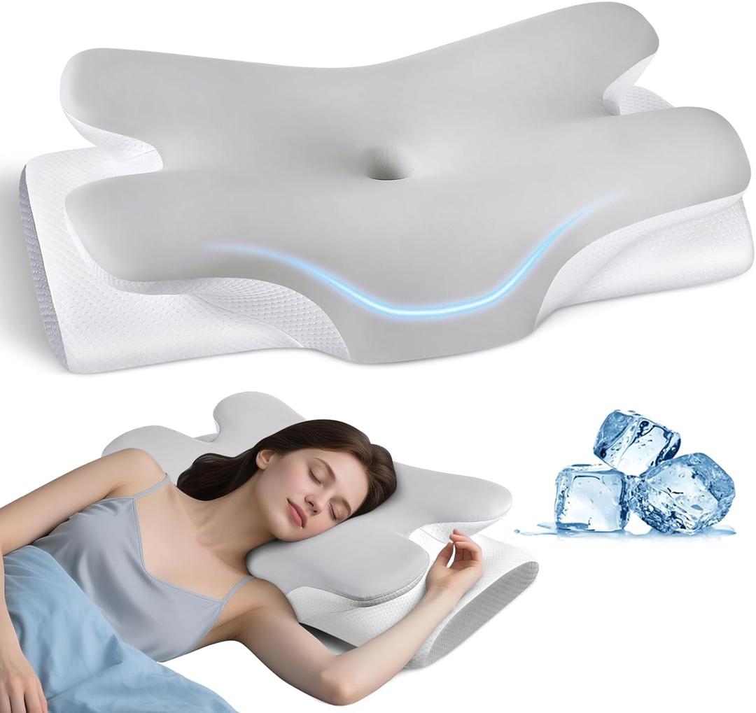 Cervical Neck Pillow for Neck Shoulder Pain Relief, Soft Contour Side Sleeper Pillow of 2 Heights, Odorless Q-max Cooling Memory Foam Orthopedic Bed Pillow for Back Stomach Sleeper (Grey-white)