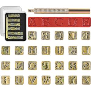 BESTNULE 27pcs Leather Stamps, Leather Stamping Kit, Leathercraft Stamping Tool Set, 26PCS Capital Letter Leather Stamps 9.5mm + 1 Stamping Handle for Leather Craft