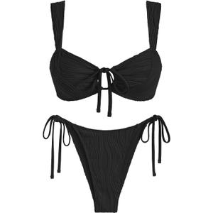 ZAFUL Women's Cinched Bikini Solid Color Wave Textured Knotted Tied Side Two Piece Swimsuit Bathing Suits (Medium, 1-black)