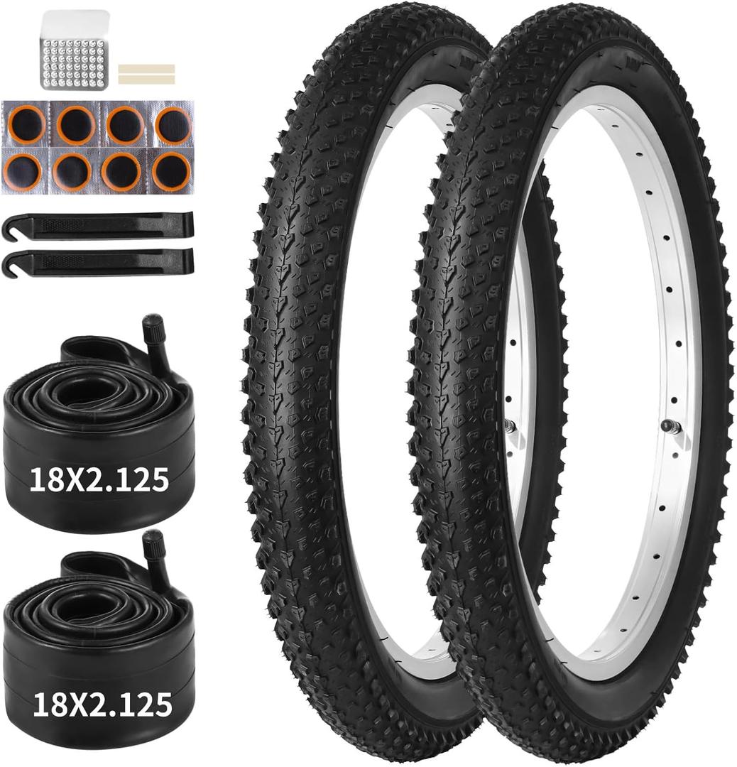 18 inch Bike Tire, 2 Pack 18x2.125Bike Tires and 18 inch Bike Tubes with Tire Levers, Kids Bike Tire 18 x 2.125 Bicycle Tire Portable MTB Tires